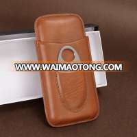 High Quality Wholesale Customized Logo 3 Finger Black Genuine Leather Cigar Case with Cutter Set